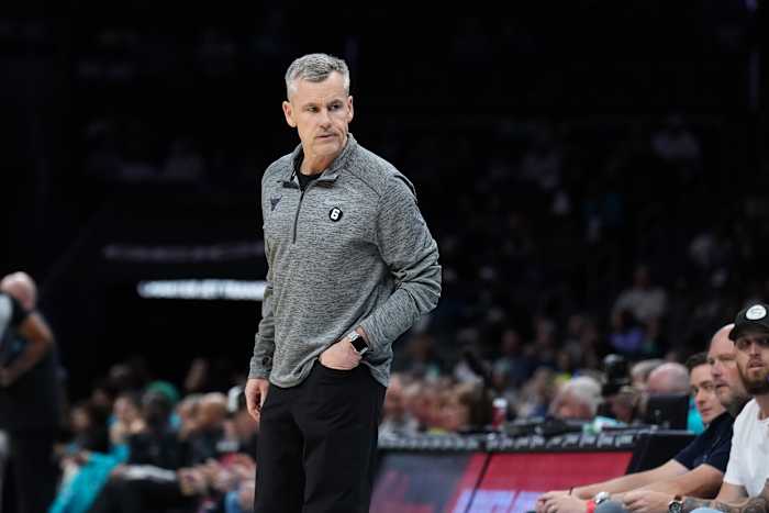Mar 31, 2023; Charlotte, North Carolina, USA; Chicago Bulls head coach Billy Donovan on the floor in the first quarter against the Charlotte Hornets at Spectrum Center.